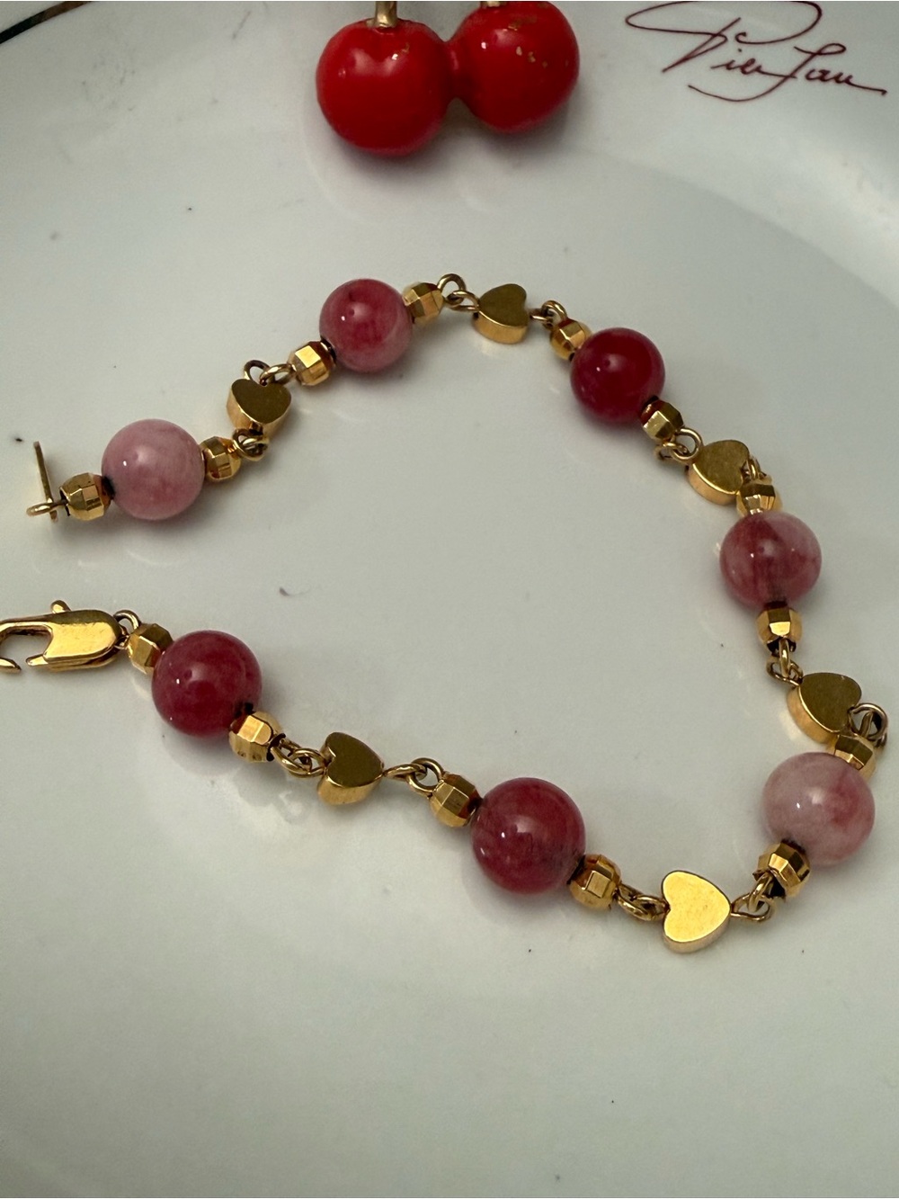 Bracelet gold heart w/ pink/ rose  stones 18K SP mark